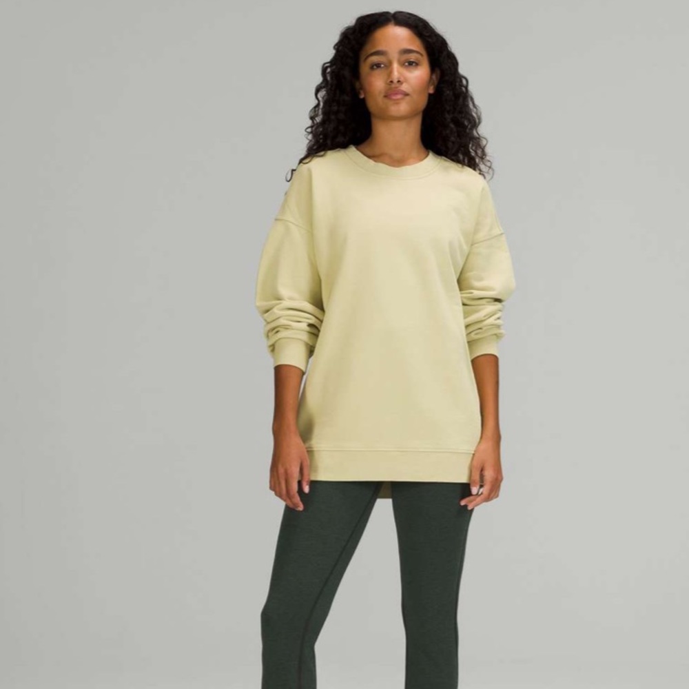 349 Lululemon Perfectly Oversized Crew Sz 12 Dew Green FLAW stains